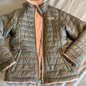 reversible gray and pink North Face winter coat